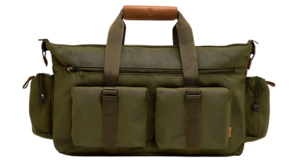 A durable olive green travel tote with multiple compartments, zipper closure, and reinforced handles, perfect for everyday use, photographed for online store on pure white background 