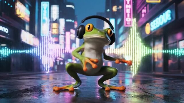cool frog wearing headphones city night