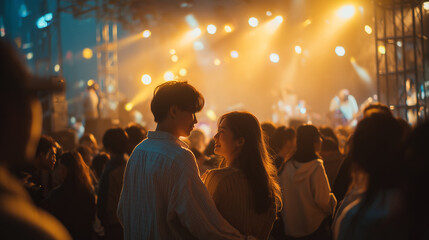 Romantic couple embracing at a lively concert with warm golden lights and a joyful crowd, enjoying music and nightlife together.