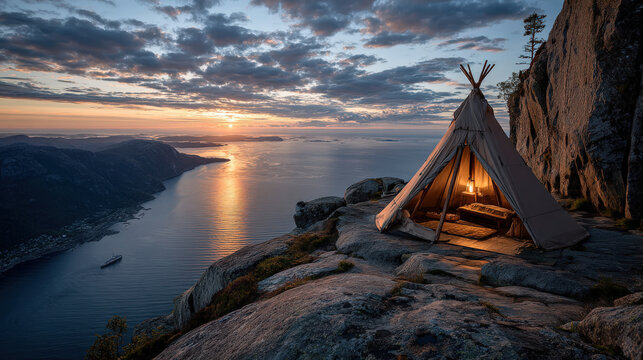 A cozy tipi sits on a rocky outcrop overlooking a serene fjord at sunset with soft clouds and warm golden light illuminating the scene