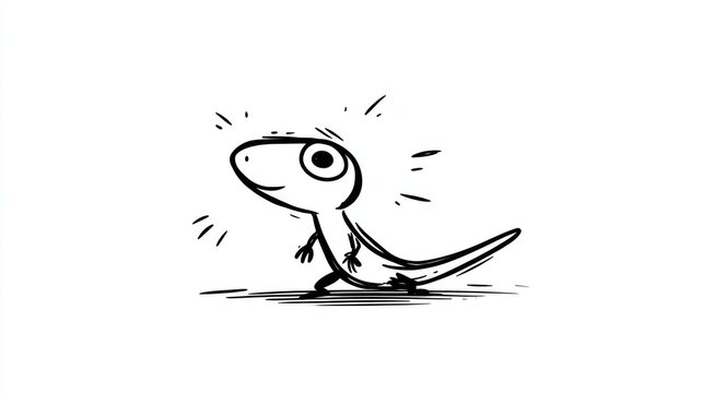 Cartoon lizard-like figure smiling, outlined in ink style, on white