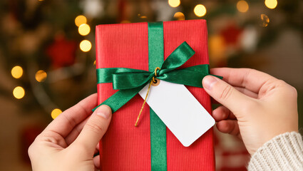 Christmas gift in red wrapping with green ribbon and tag held by hands against festive background with warm lights