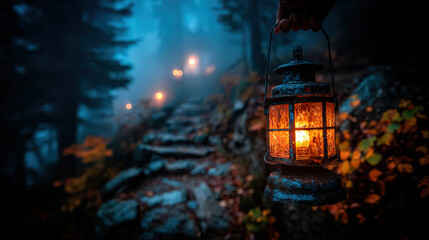 A person holds an old lantern, illuminating a misty forest path lined with stones and glowing orbs of light, evoking a sense of mystery and adventure