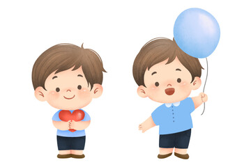 Cute boys holding heart and balloon vector illustration.eps