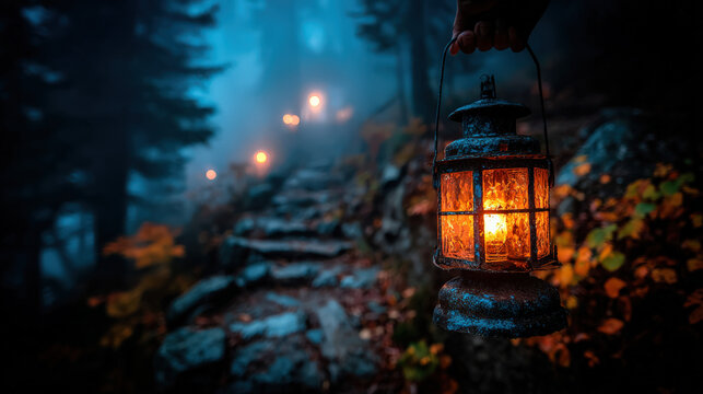 A person holds an old lantern, illuminating a misty forest path lined with stones and glowing orbs of light, evoking a sense of mystery and adventure - Powered by Adobe