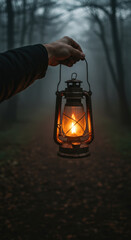 A hand holds a vintage lantern glowing warmly in a foggy forest, casting an inviting light against the dark, mysterious backdrop of trees and a dim path