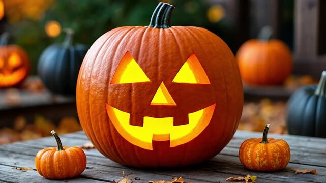 A carved pumpkin with a smiling face sits on a wooden table. Smaller pumpkins surround it. Autumn leaves are scattered around, creating a festive Halloween atmosphere.