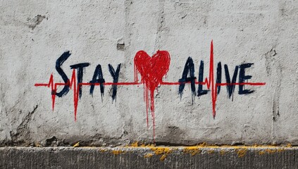 Graffiti on a weathered wall, large red heart with dripping blood, phrases "Stay Alive" in bold lettering