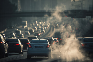 Heavy traffic jam with many cars emitting exhaust fumes on a busy highway during dusk, showing pollution and urban congestion challenges.