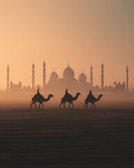 Silhouettes of three camels and riders crossing desert at sunrise with mosque minarets in soft orange light.