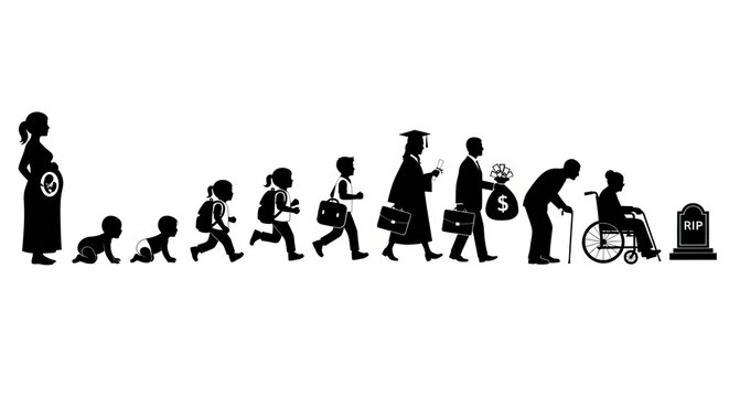 The journey of life, from birth to old age and beyond, depicted through silhouettes.
