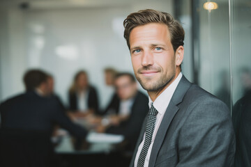Naklejka premium confident man in business suit smiling at camera with colleagues blurred in background during office meeting.