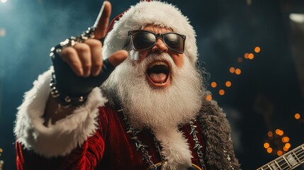 Cool Santa Claus with a hard rock Christmas outfit making a heavy-metal gesture with his hand, adding a playful and rebellious vibe to the holiday atmosphere, Generative AI