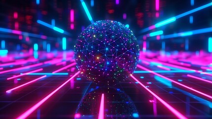 Spherical neural map floating above neon data grid, vibrant color-coded nodes and beams showing learning patterns, 3D high-tech render.