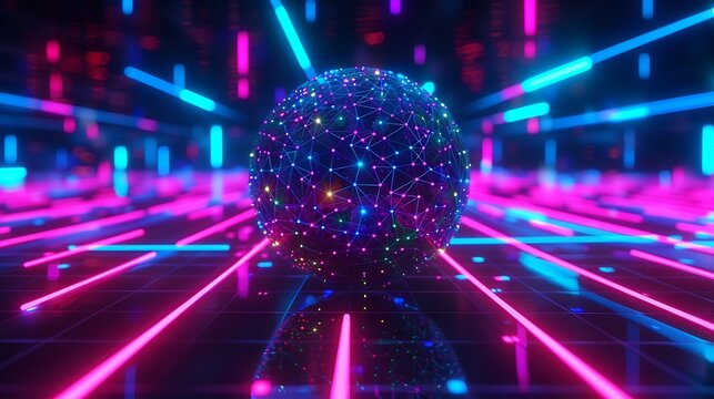 Spherical neural map floating above neon data grid, vibrant color-coded nodes and beams showing learning patterns, 3D high-tech render.