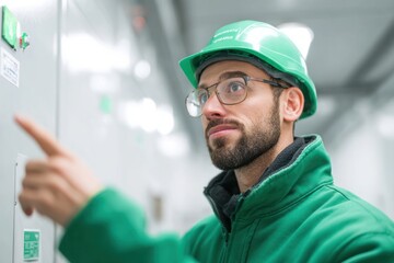 Electrical maintenance technician inspects control panel industrial facility photography cleanroom environment close-up safety procedures