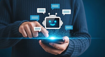 Person using a smartphone with a chatbot and speech bubbles around it