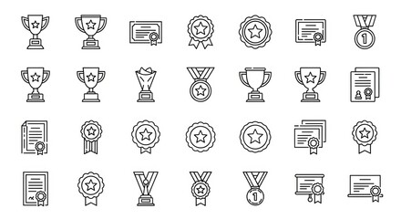 Collection of line art icons representing awards, trophies, and certificates of achievement