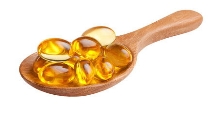 Golden oil capsules in wooden spoon healthy supplement