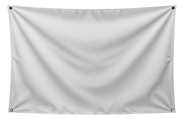 Blank white banner or tarp with grommets, ready for custom text or graphics.