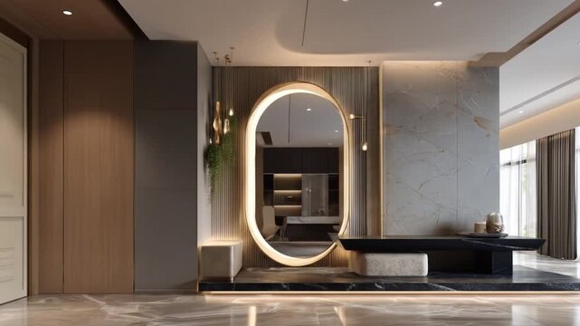 A modern hallway entryway showcases a large, oval mirror and stylish decor.