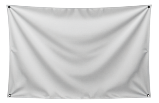 Blank white banner or tarp with grommets, ready for custom text or graphics.