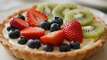 fruit cake with strawberries, kiwi, and blueberries