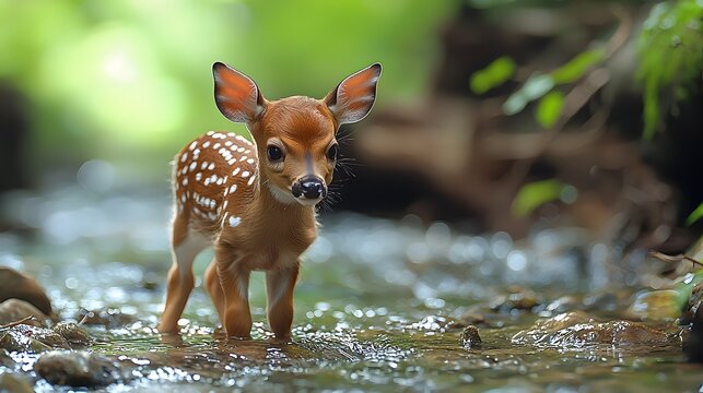 A cautious fawn stepping into a shallow stream