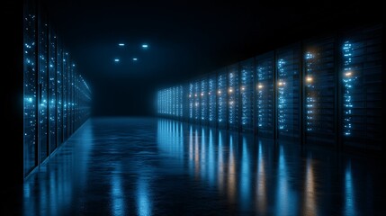 Fototapeta premium Dark Server Room With Blue Lights and Reflections