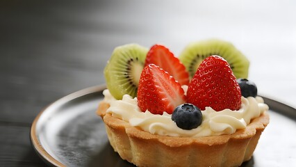 fruit cake with strawberries, kiwi, and blueberries