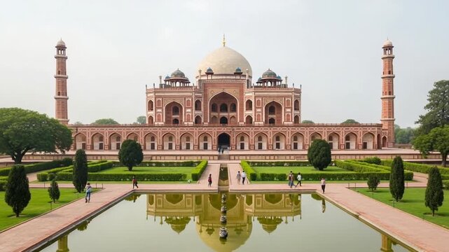 Exterior View of Humayun Tomb With Towers and Central Dome Reflected in Water Garden Landscape With Pathways and Trees Under Bright Sky in India