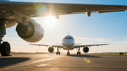 Fototapeta premium Passenger Airplane on Runway with Bright Sunlight and Clear Blue Sky