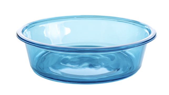 A lightweight plastic pet water bowl, empty and unused, photographed in sharp detail with soft shadows on pure white background 