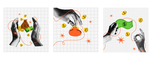 Money hand halftone. Realistic Arm hold different dollar banknotes, golden coins. Piggy bank, credit card, wallet. Bank symbols. Investment earnings income. Finance business banner, vector cartoon set