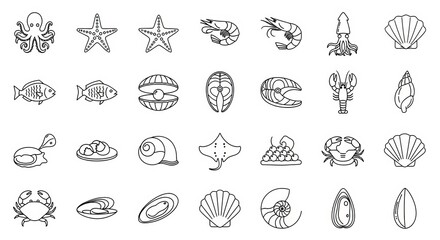 Obraz premium Collection of diverse seafood and marine life illustrations on white background
