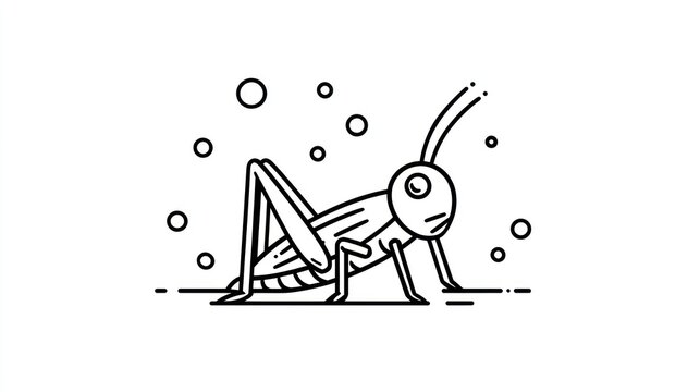 Line art grasshopper with large eyes, perched on a line, small dots around
