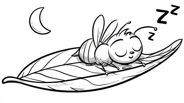 Sleeping bee on a leaf under a crescent moon in a black and white drawing