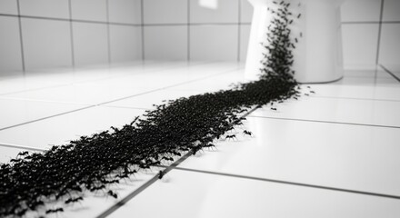 Fototapeta premium Black Ants Escaping From White Container on Tiled Floor in Close-up