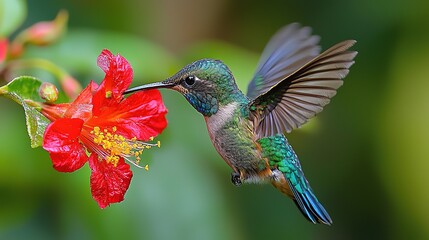 Fototapeta premium Purple Hummingbird Drinking Nectar from Red Flower in Panama Rainforest: Wildlife Scene 