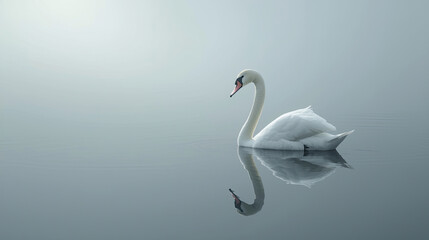 Swan Reflections. A swan. Swan on lake. Serenity swan swimming in lake mist.