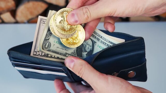 Digital currency, digital gold of the future. Bitcoin and other cryptocurrency coins in a wallet close-up. Money transactions and dollar and usdt exchange. Financial market and investments - Powered by Adobe