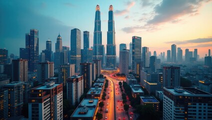 Obraz premium A city skyline at twilight, with illuminated buildings and a busy highway.