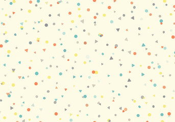 Vector illustration of a seamless pattern of colorful confetti, circles, and triangles scattered across a light cream background, perfect for festive designs and celebrations