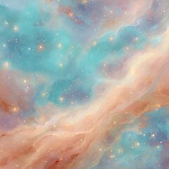 Fototapeta premium Colorful nebula with teal and orange clouds, twinkling stars