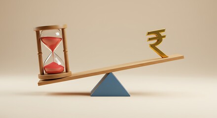 Time versus Money Balance Illustration with Hourglass and Indian Rupee Symbol on a Seesaw Indicating Financial Planning and Investment Strategy
