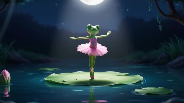 magical frog ballerina dancing on lily pad at night