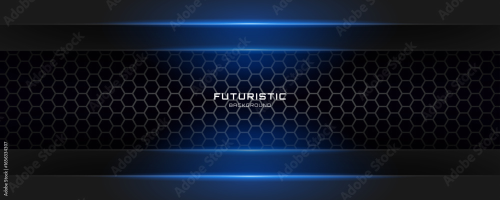 Wall mural 3d black techno abstract background overlap layer on dark space with glowing blue effect decoration.