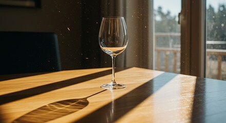 Empty Wine Glass on Wooden Table with Sunlight and Dust Particles