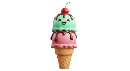 Colorful ice cream cone with a smiling face topped with a cherry and drizzled in chocolate sauce isolated on a transparent background