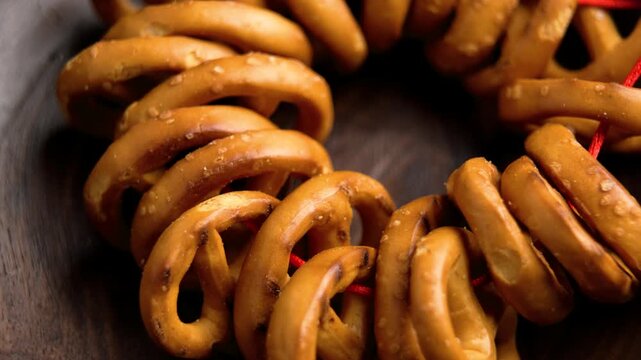 Mini pretzel cookies strung on red string in wooden bowl. Salted crackers